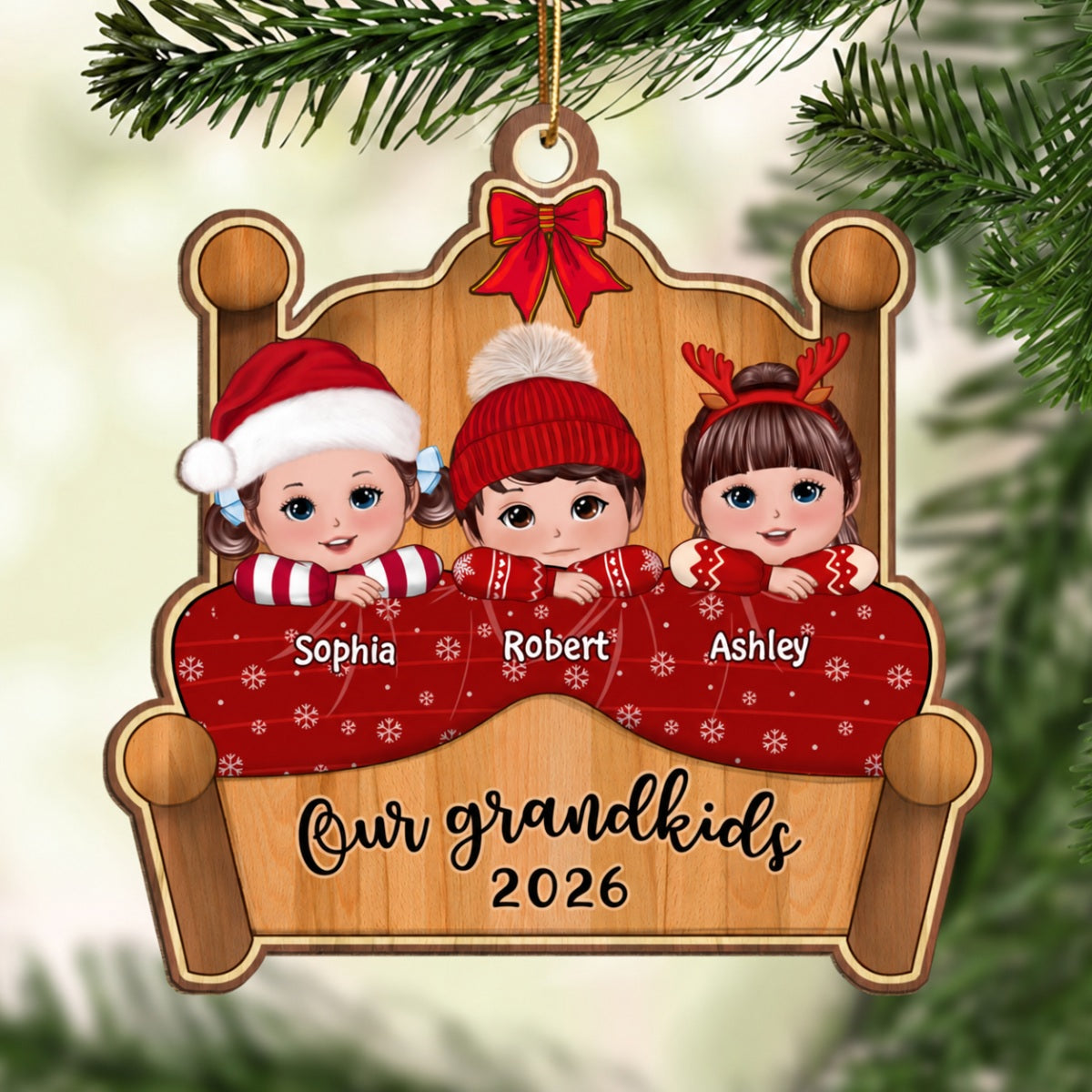 Our Grandkids Joyful Xmas In Bed - Personalized Custom Wooden Ornament