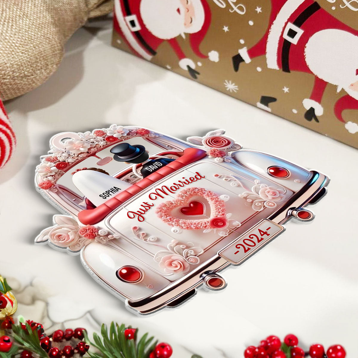 First Christmas Married Couple In Wedding Car Personalized Acrylic Ornament, Unique Christmas Gift For Newlyweds