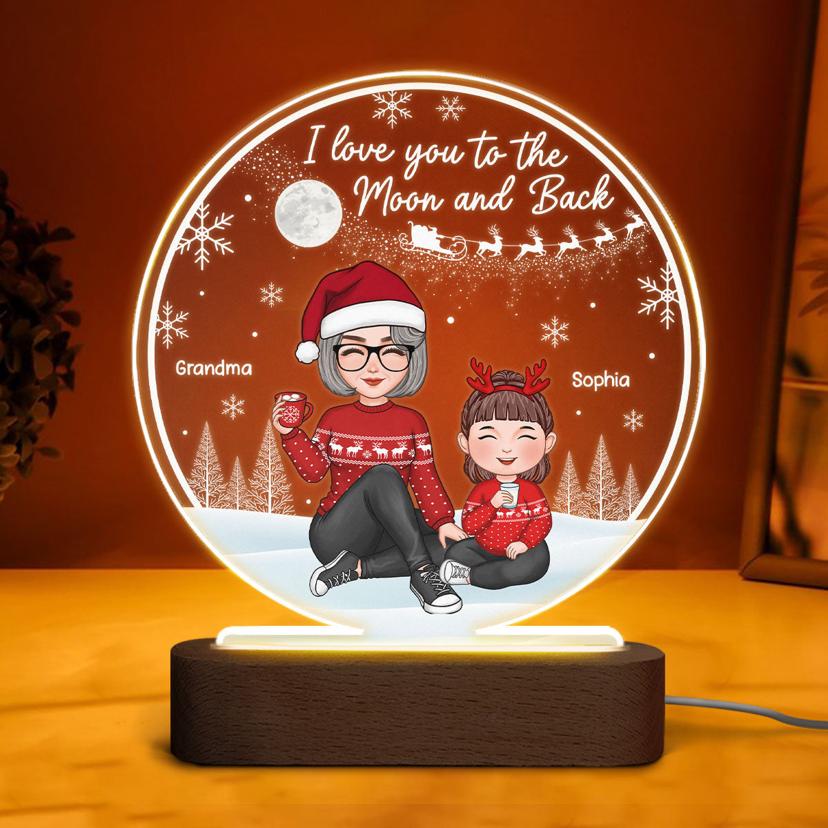 Cute Grandma & Grandkid Sitting On Snow Love You To The Moon And Back Gift For Granddaughter Grandson Christmas Personalized Acrylic Plaque Circle LED Night Light