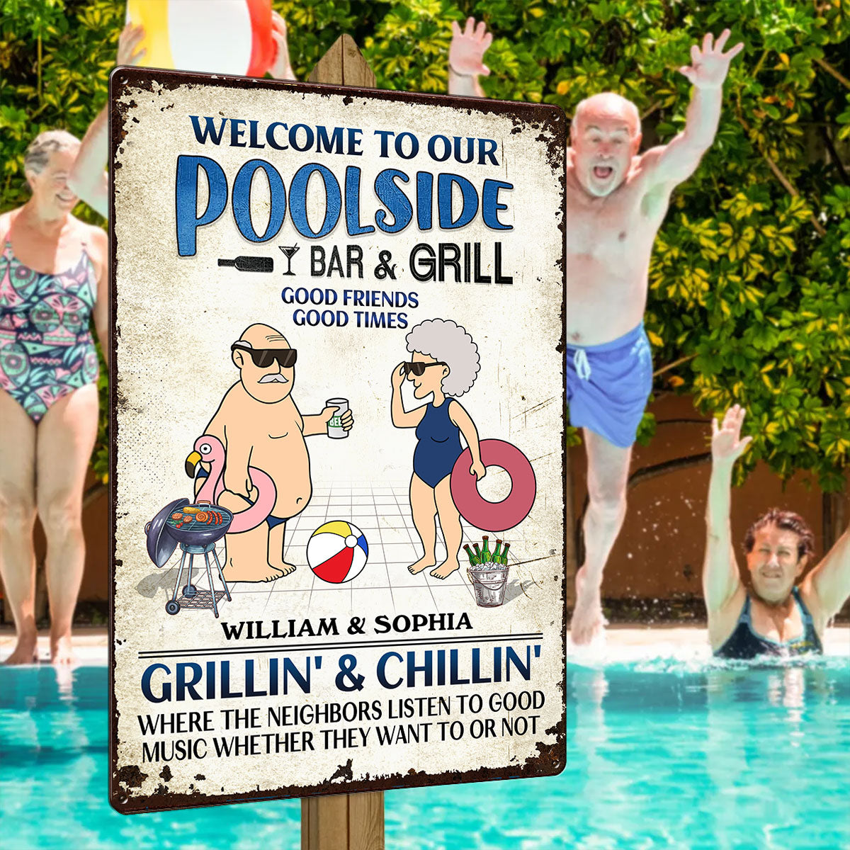Welcome To Our Poolside Funny Old Couple Personalized Metal Sign