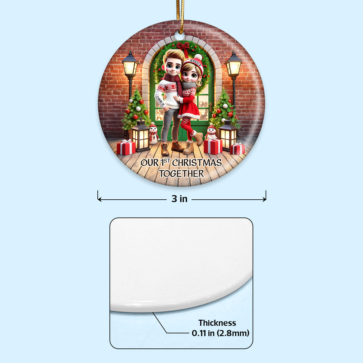 Cute Couple Standing In Front of Door Personalized Ceramic Ornament, Christmas Gift for Him, Gift for Her