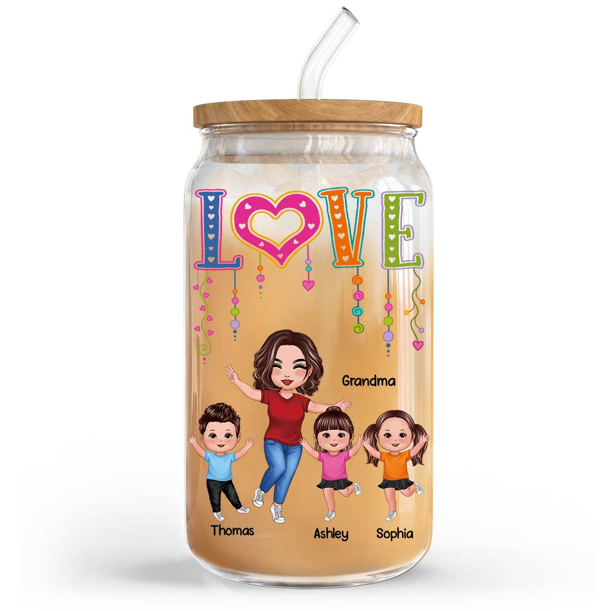 LOVE Happy Doll Grandma With Kids Personalized Clear Glass Can