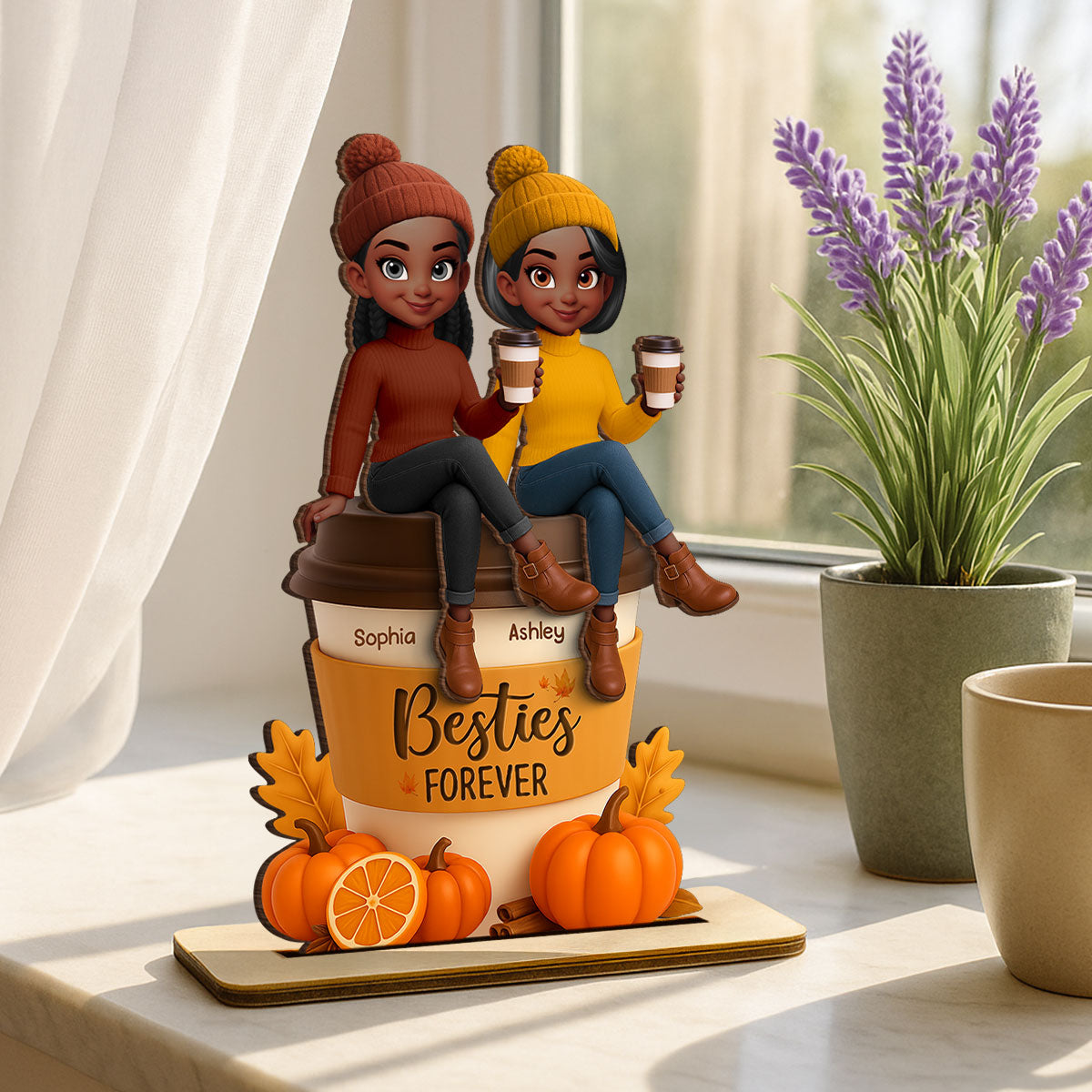 Fall Season Besties Sitting On Pumpkin Spice Latte Personalized Standing Wooden Plaque