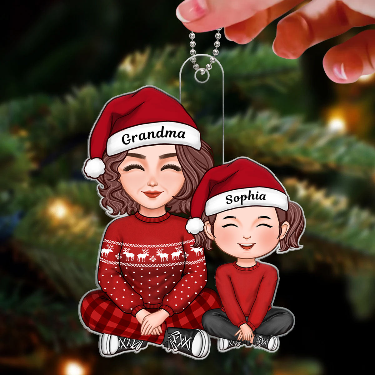 Cute Grandma And Granddaughter Grandson Crossed Legs Christmas Gift Personalized Acrylic Ornament