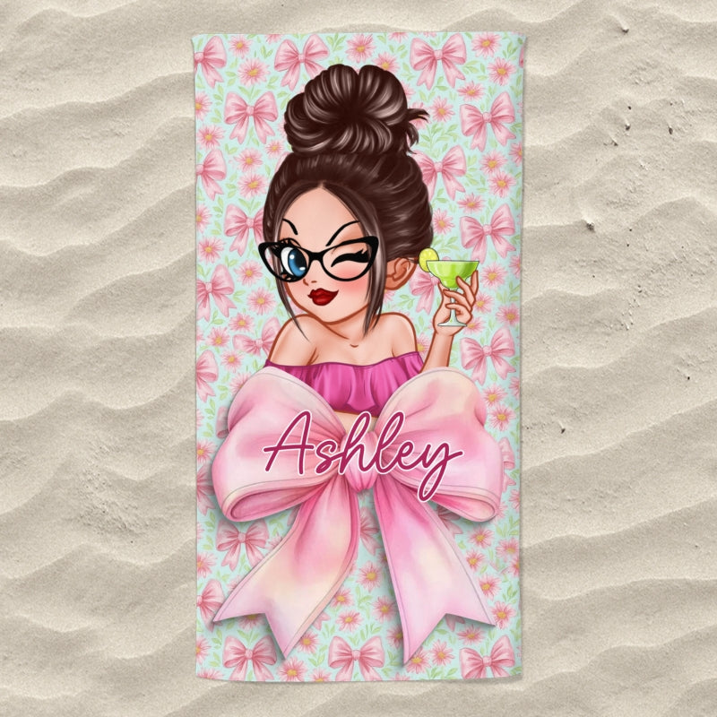Girls Personalized Bow Floral Beach Towel, Preppy Girls Pool Towel with Name, Bachelorette Party Beach Trip
