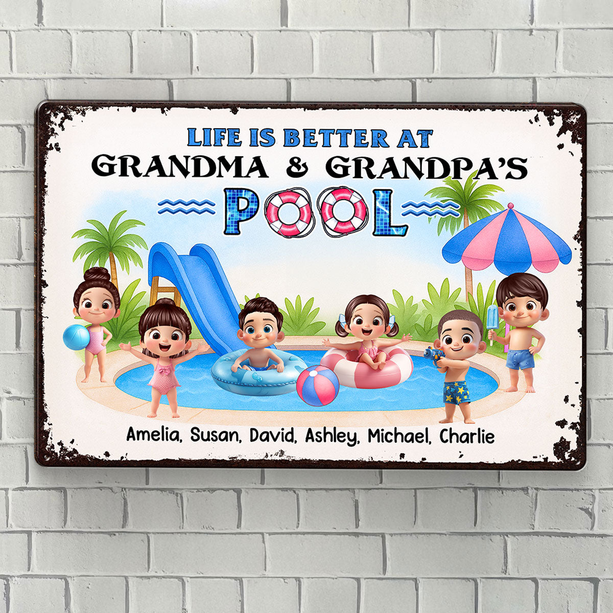 Welcome to Grandma & Grandpa's Pool, Memories are Made Here Personalized Metal Sign, Grandkids Welcome Sign