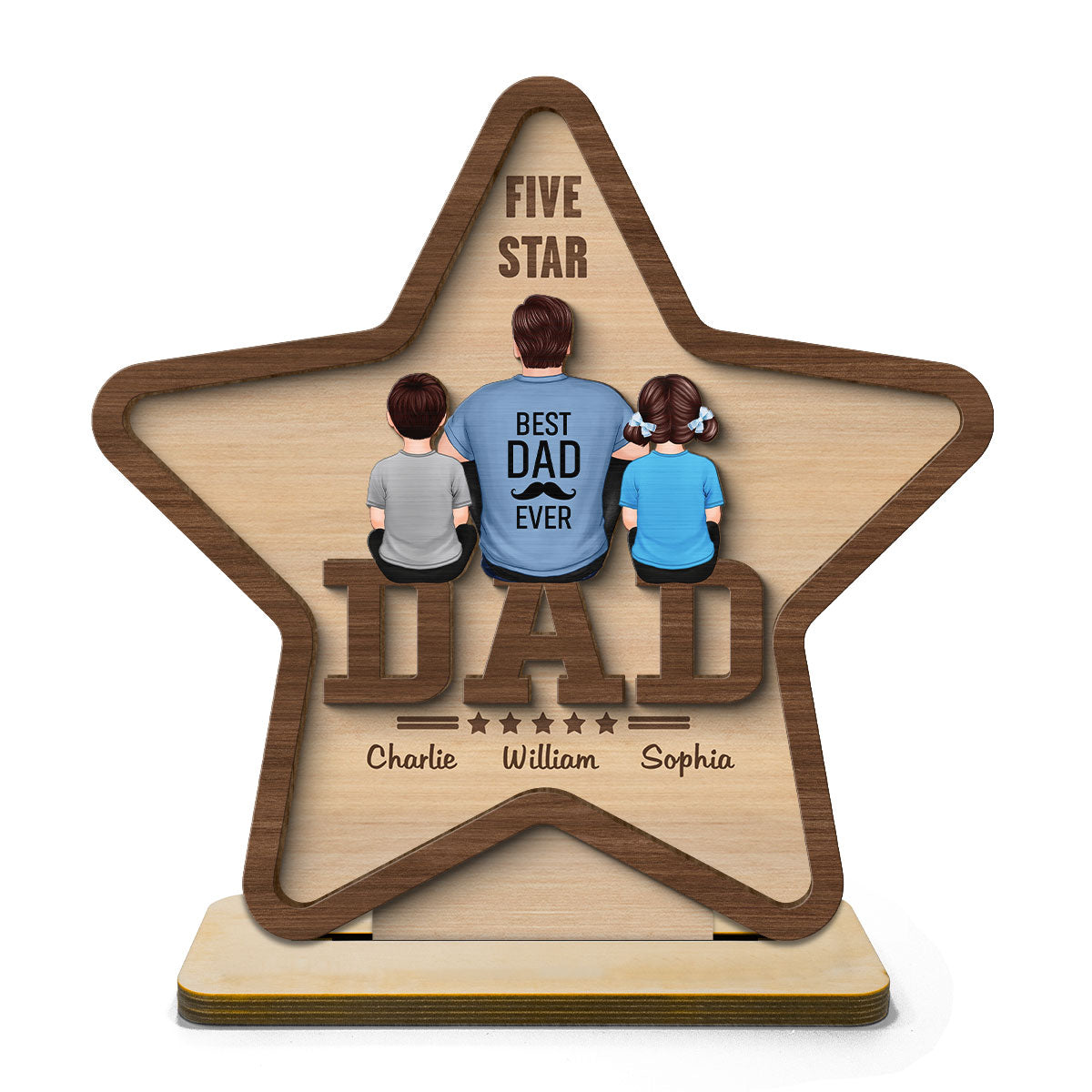 Five - Star Dad Back View Dad And Kids Personalized 2-Layer Standing Wooden Plaque