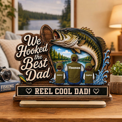 We Hooked The Best Dad Grandpa Back View 2D Flat - Personalized 2-Layered Wooden Plaque - Father's Day Gift For Fishing Lovers