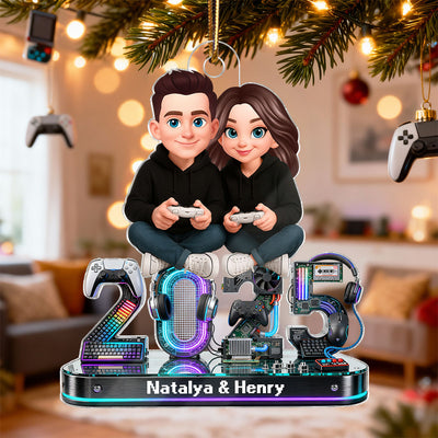 3D Effect Couple Gaming Forever 2 Player Mode Signature Symbols Christmas - Personalized Acrylic Ornament - Gift For Gaming Couple, Gift For Him, For Her