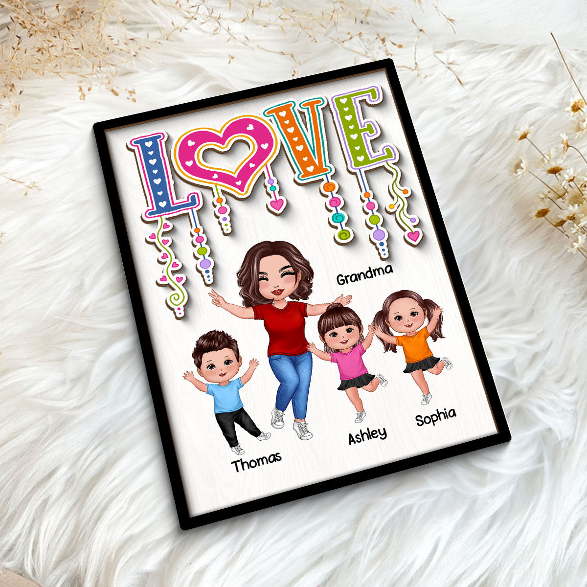 LOVE Happy Doll Grandma Mom With Kids Personalized 2-Layer Wooden Plaque