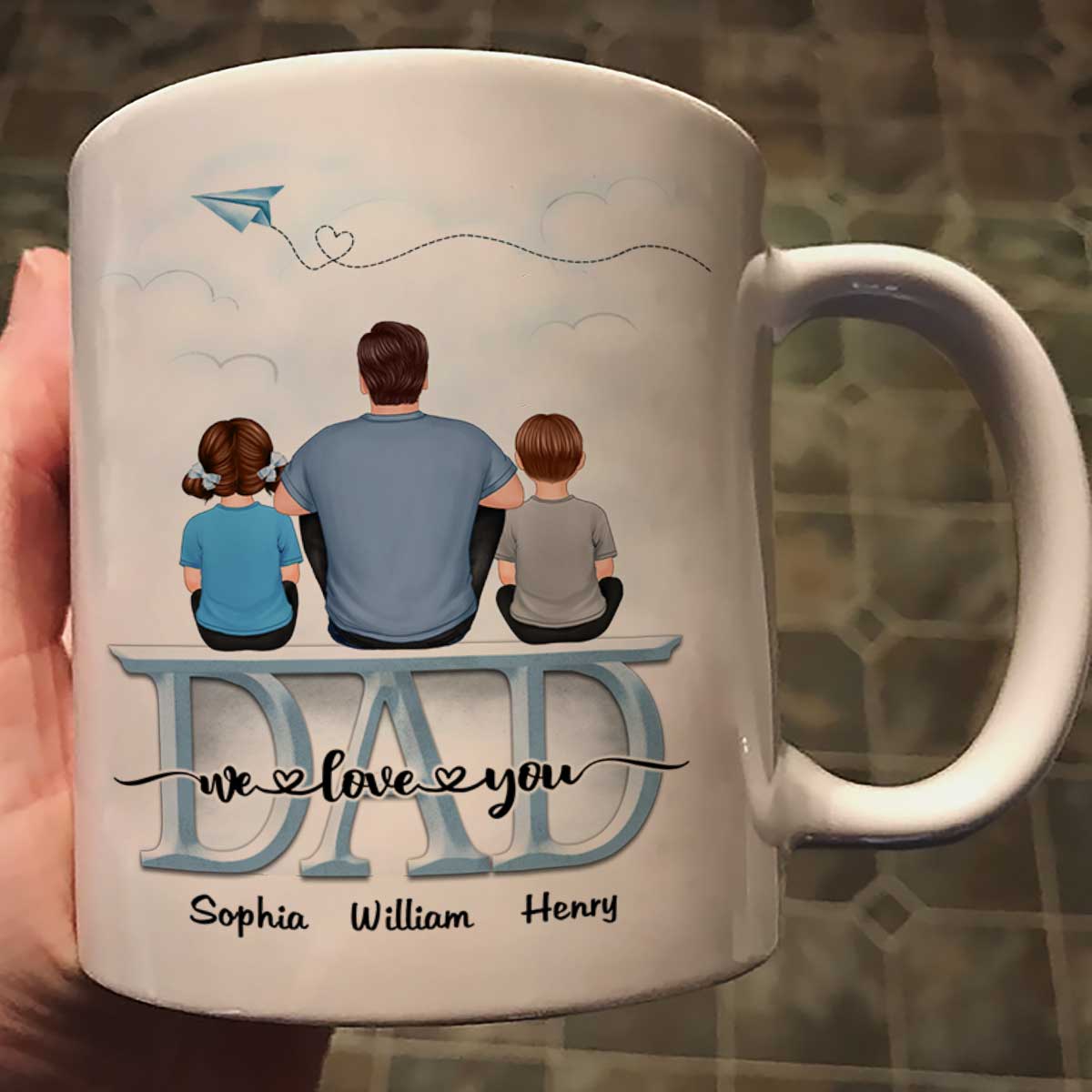 Back View Dad And Children Sitting On Word Father‘s Day Gift Personalized Mug