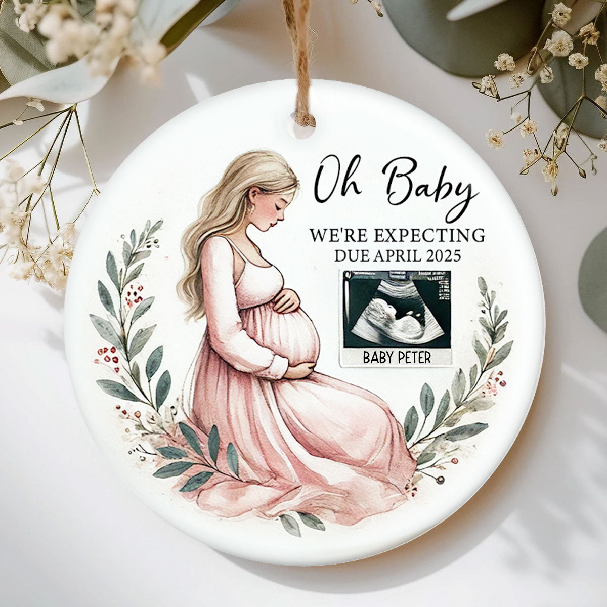 Oh Baby We're Expecting Pregnant Mom Baby Bump's Christmas Personalized Ceramic Ornament