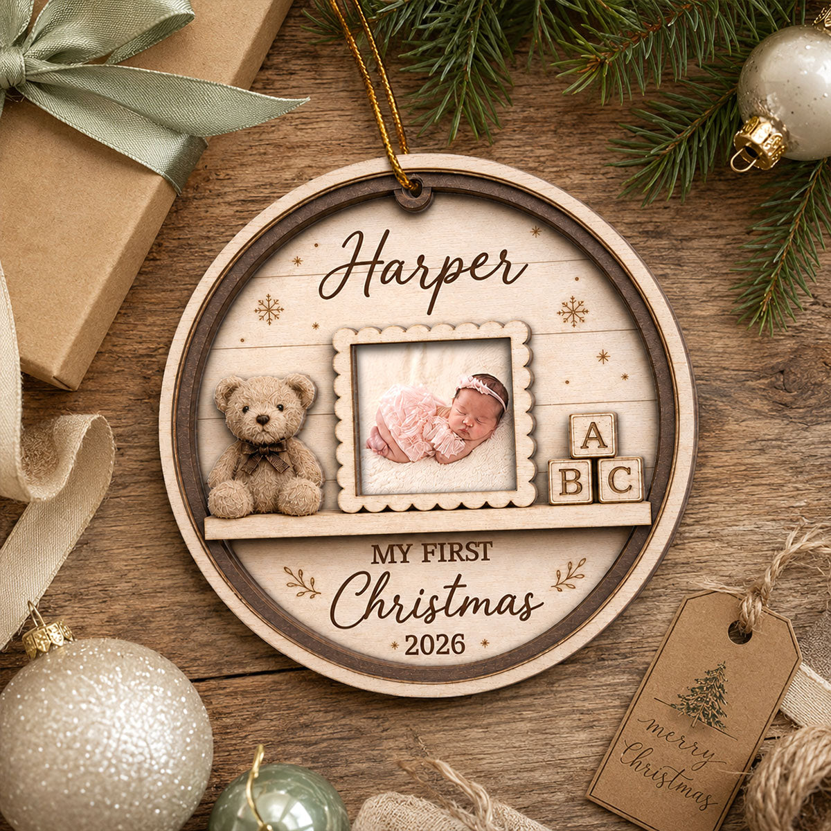 Baby's First Christmas Custom Photo Mini Nursery Shelf - Personalized 2-Layered Wooden Ornament - Baby's 1st Christmas Keepsake