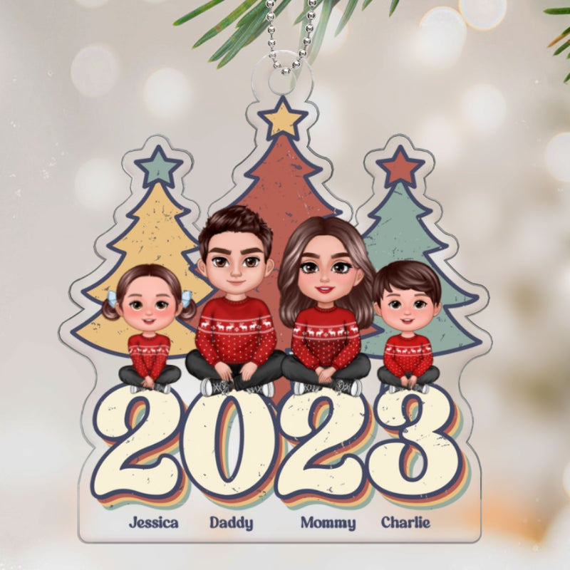 Vintage Christmas Tree Family Sitting Personalized Acrylic Ornament
