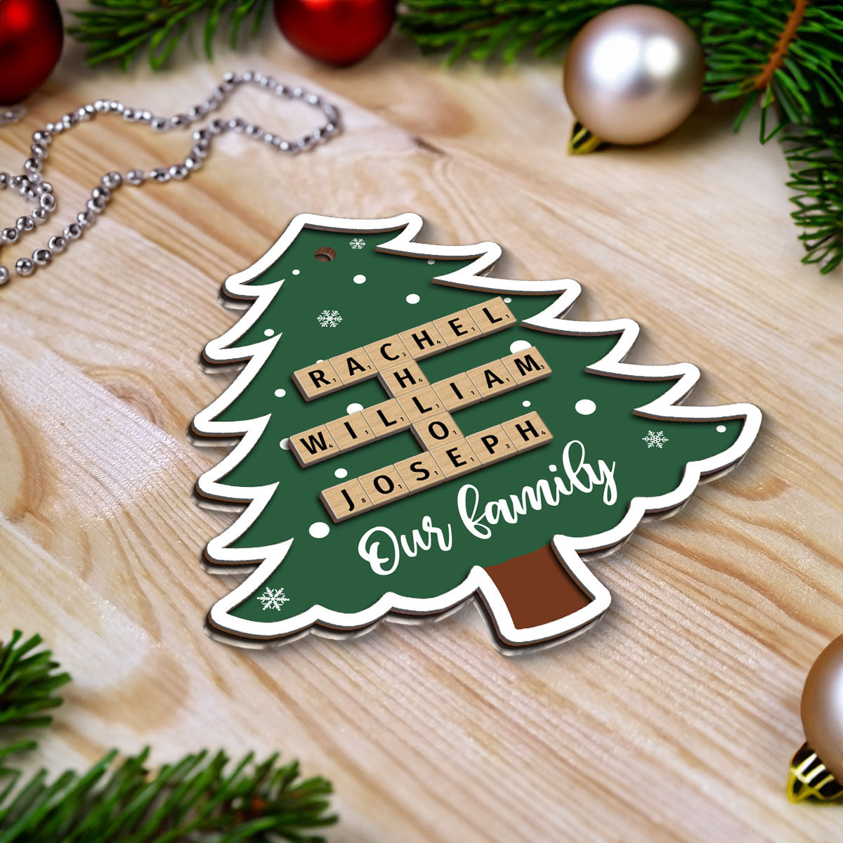 Family Names Puzzle Crossword In Christmas Tree Personalized 2-Layer Wooden Ornament, Christmas Gift For Family