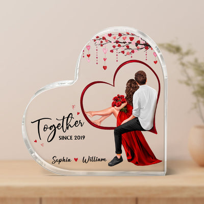 Embracing Couples Sitting On Heart Personalized Acrylic Heart Plaque,  Gift, Anniversary Gift for Couples