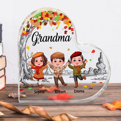Happy Doll Kids Under Colored Fall Tree Personalized Heart Acrylic Plaque