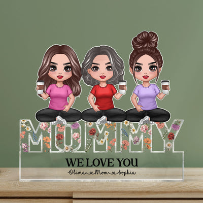 Mom And Daughters Sitting On Word Vintage Flowers Personalized Acrylic Block Plaque