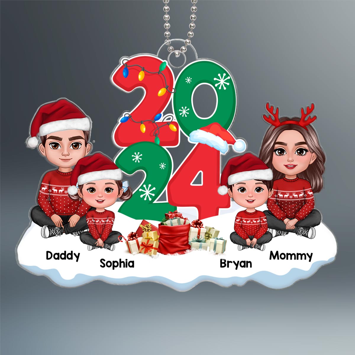 Family Dad Mom Kids Dogs Cats Crossed Legs Sitting By 2024 Christmas Gift Personalized Acrylic Ornament