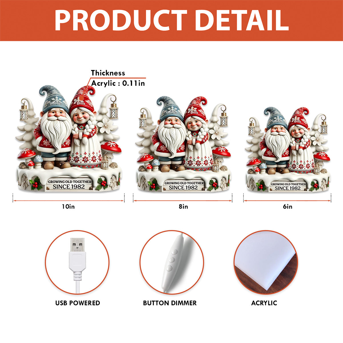 3D Effect Christmas Gnome Couple Growing Old Together - Personalized Light Box - Heartwarming Gift For Couple