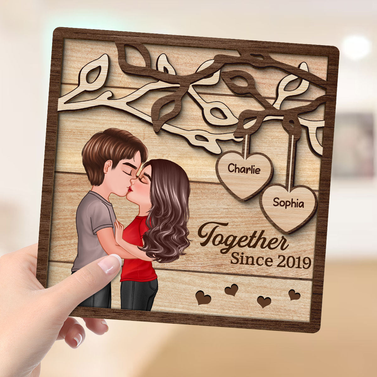 Couple Kissing Under Tree Personalized 2-Layer Wooden Plaque,  Gift for Him, Gift for Her