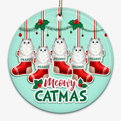 Christmas Cat Meowy Catmas Fluffy Cat Sock Personalized Circle Ornament