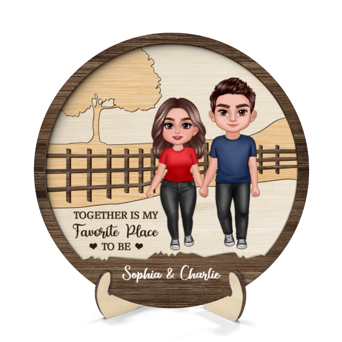 Couple Standing Landscape Personalized 2-layer Wooden Plaque