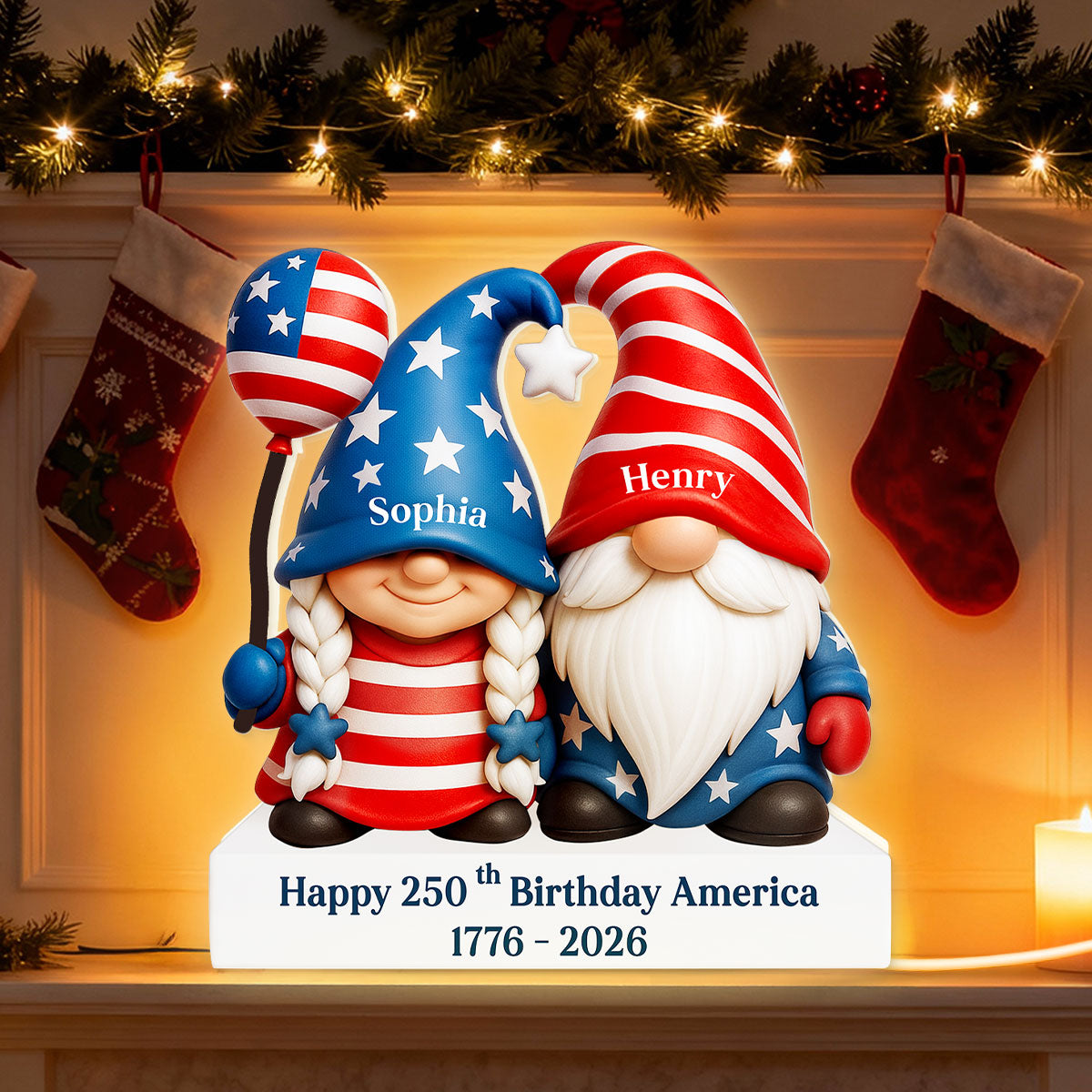 250th Anniversary American Gnome Couple - Personalized Light Box - Perfect Christmas Gift for Couple, for Her, for Him