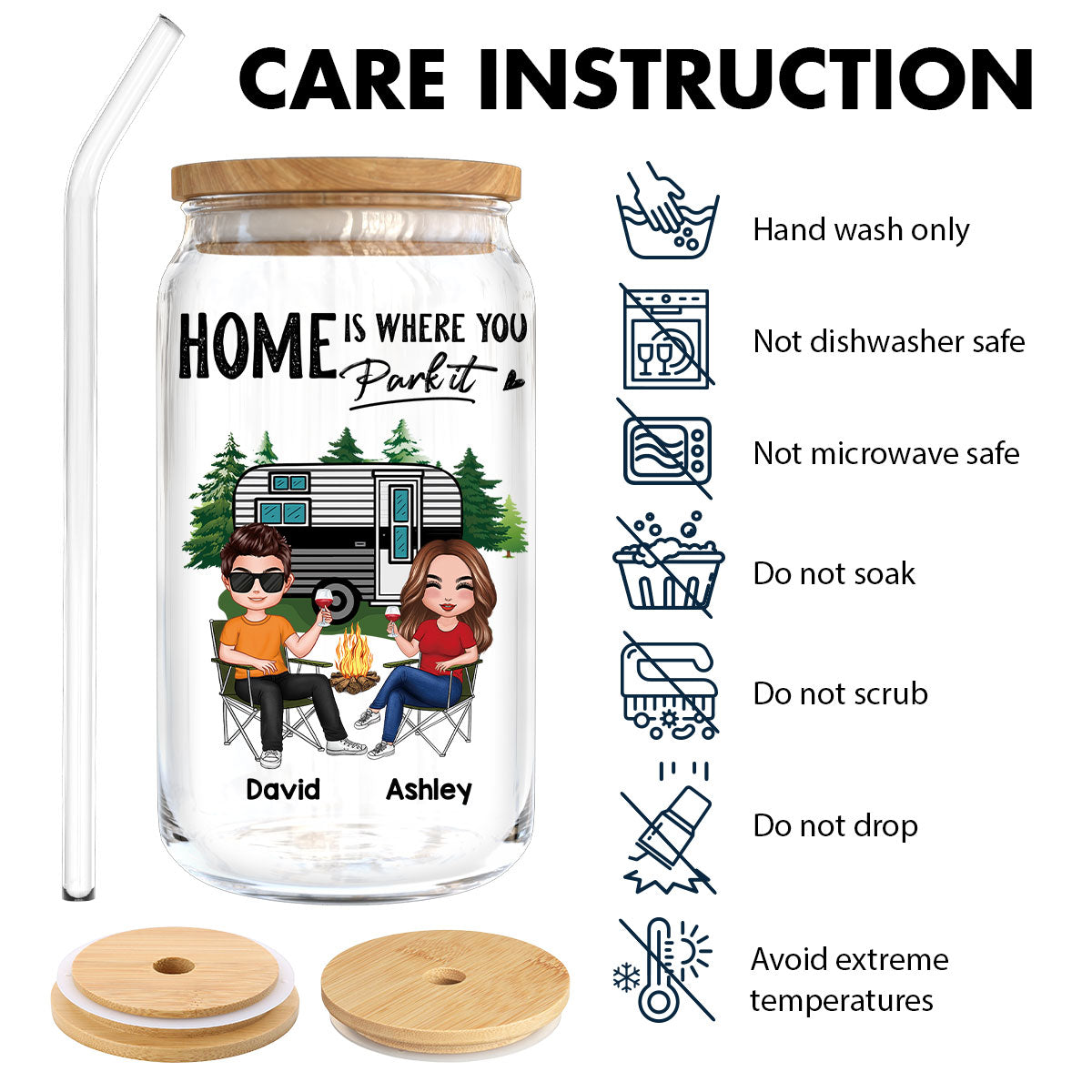 Doll Couple Camping Personalized Clear Glass Can
