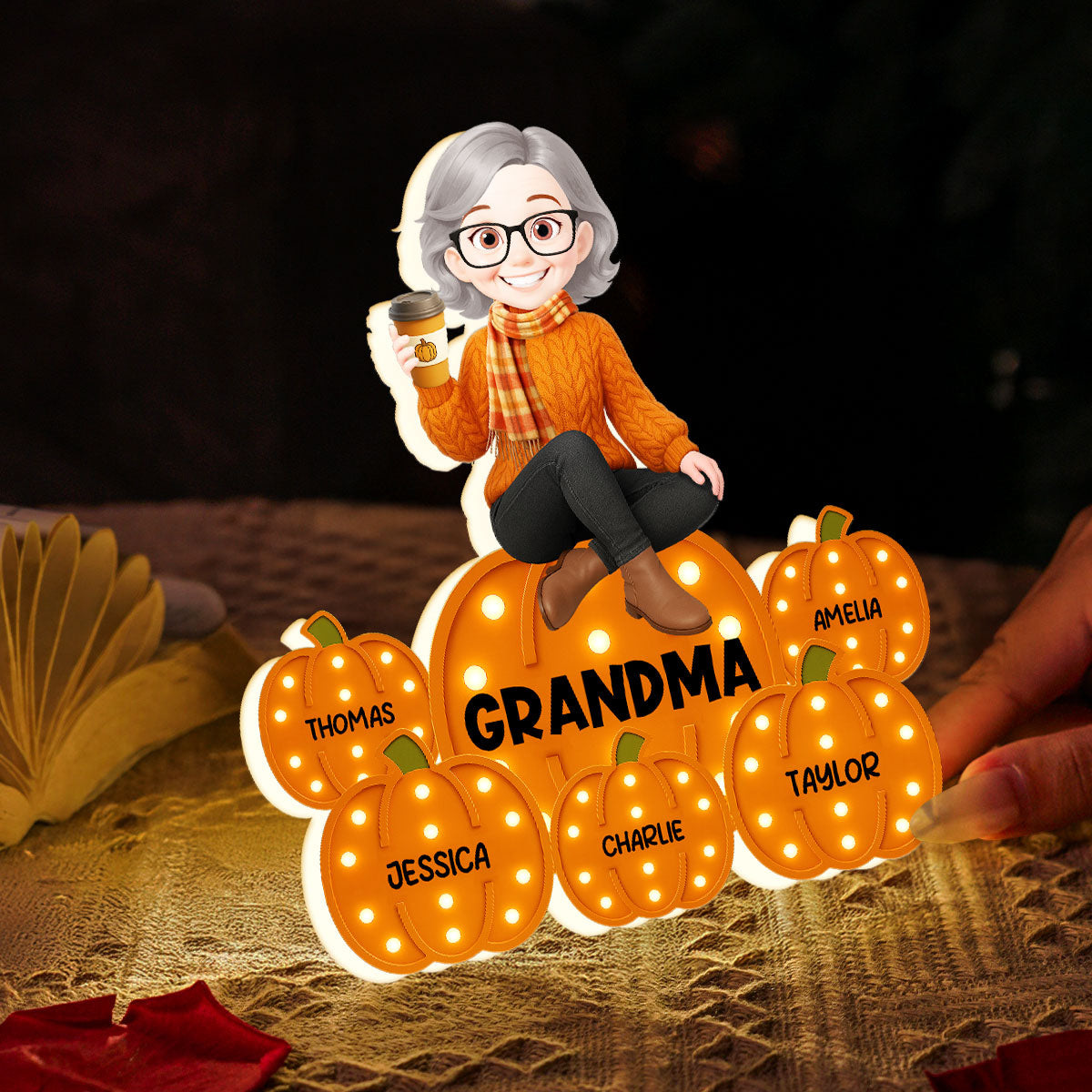 Fall Season Grandma Sitting On Marquee Pattern Texture Pumpkins Personalized LED Light Box, Cozy Grandma's Home Decoration