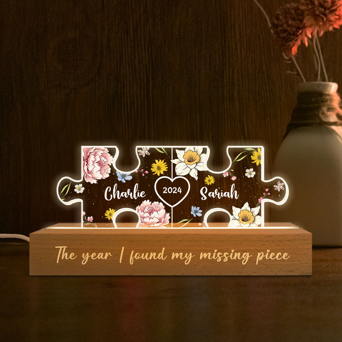 Birth Month Flower Love Is The Piece That Holds Us Together Couple Name Puzzle LED Night Light, Personalized Romantic Home Bedroom Decor For Couples,   Gifts For Her, For Him