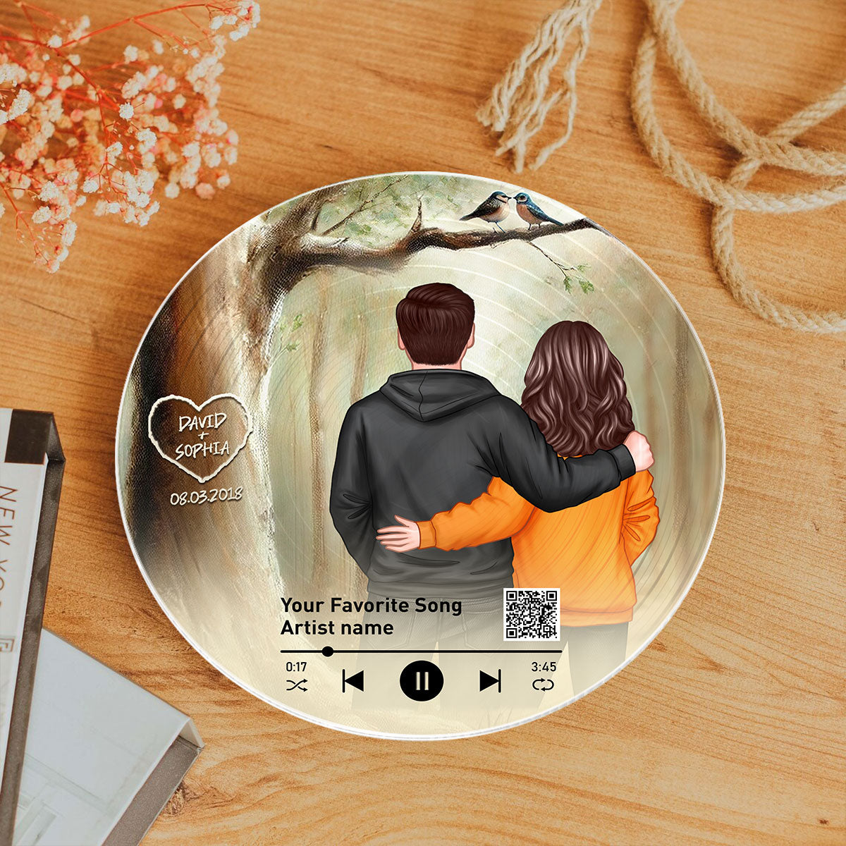 Couple Birds On Tree Personalized Vinyl Record, Scannable QR Code, Custom Names & Anniversary Date, Gift For Him, For Her