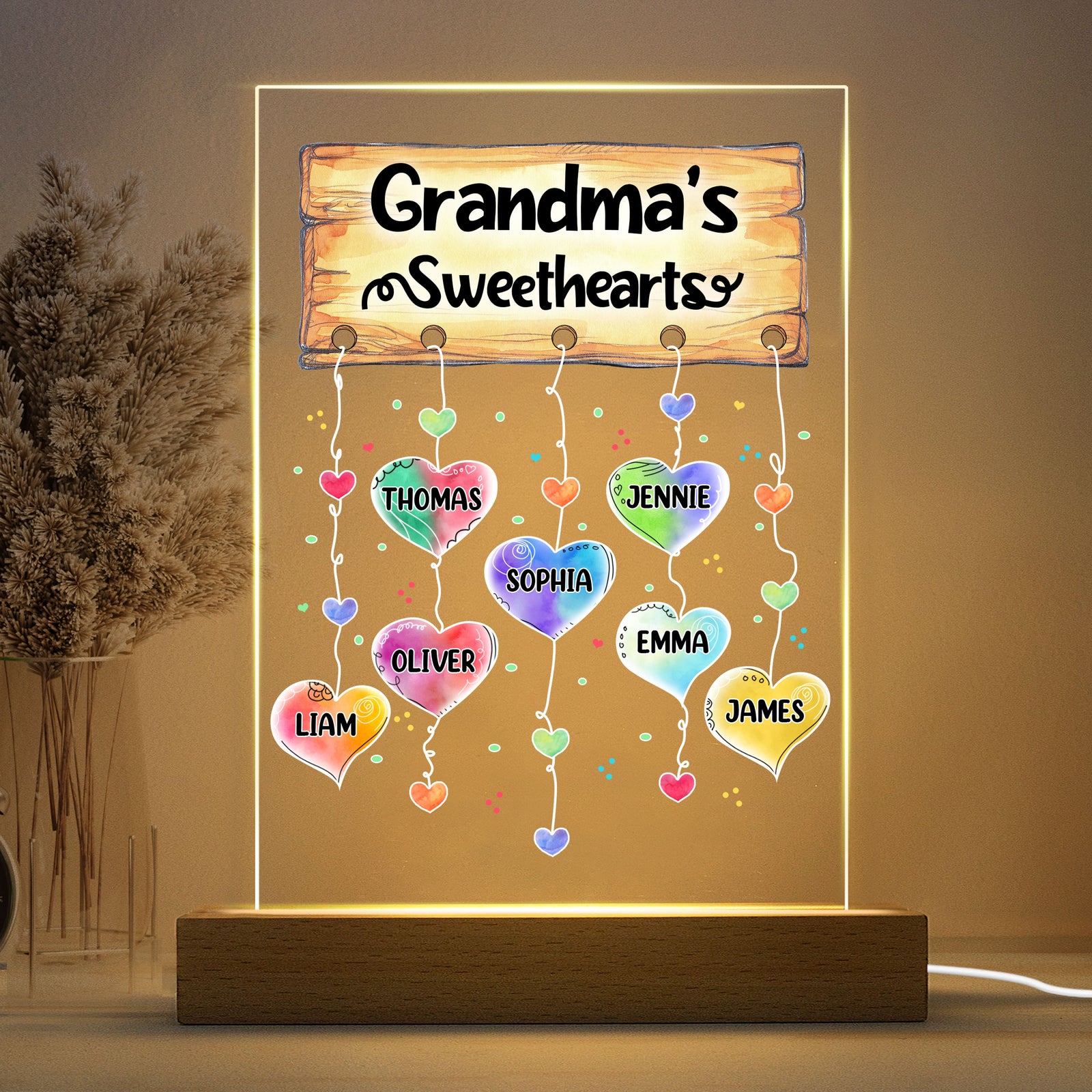 Grandma‘s Sweethearts Watercolor Heartstrings Personalized Rectangle Acrylic Plaque With LED Night Light