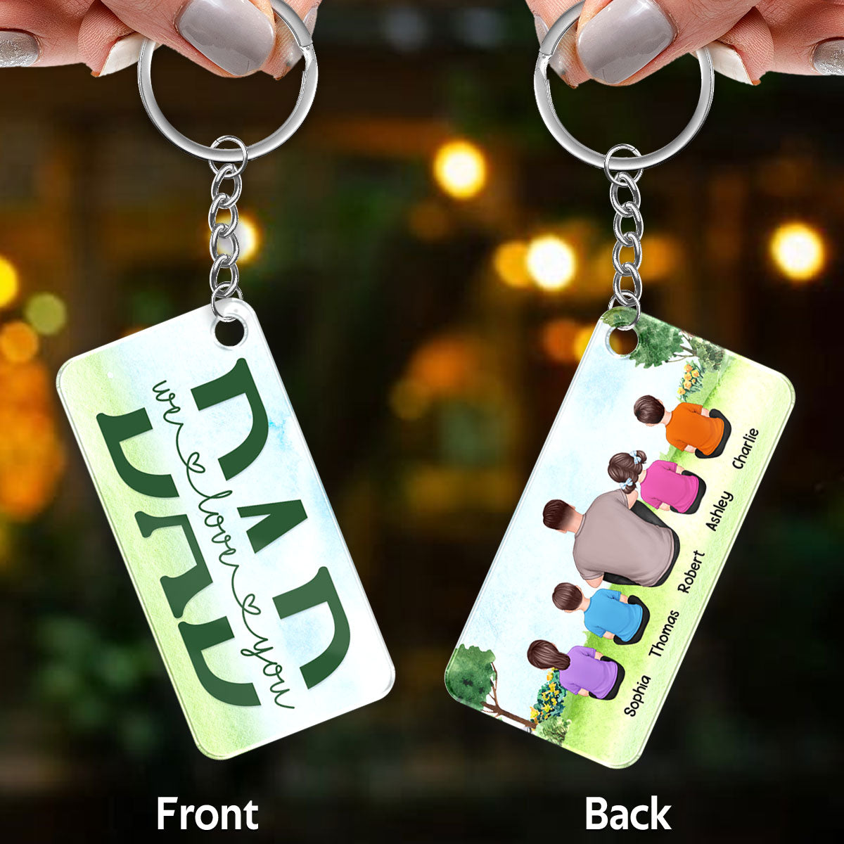 Dad And Kids Sitting Back View In Park Personalized Acrylic Keychain