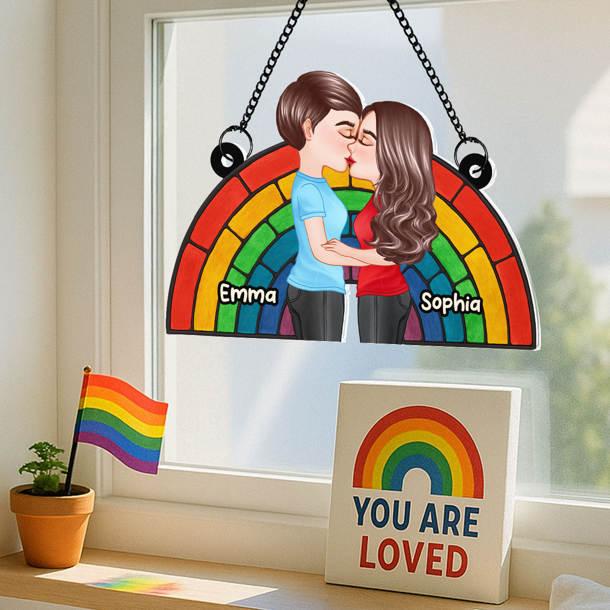 LGBT Flag Rainbow Couple Kissing Personalized Suncatcher