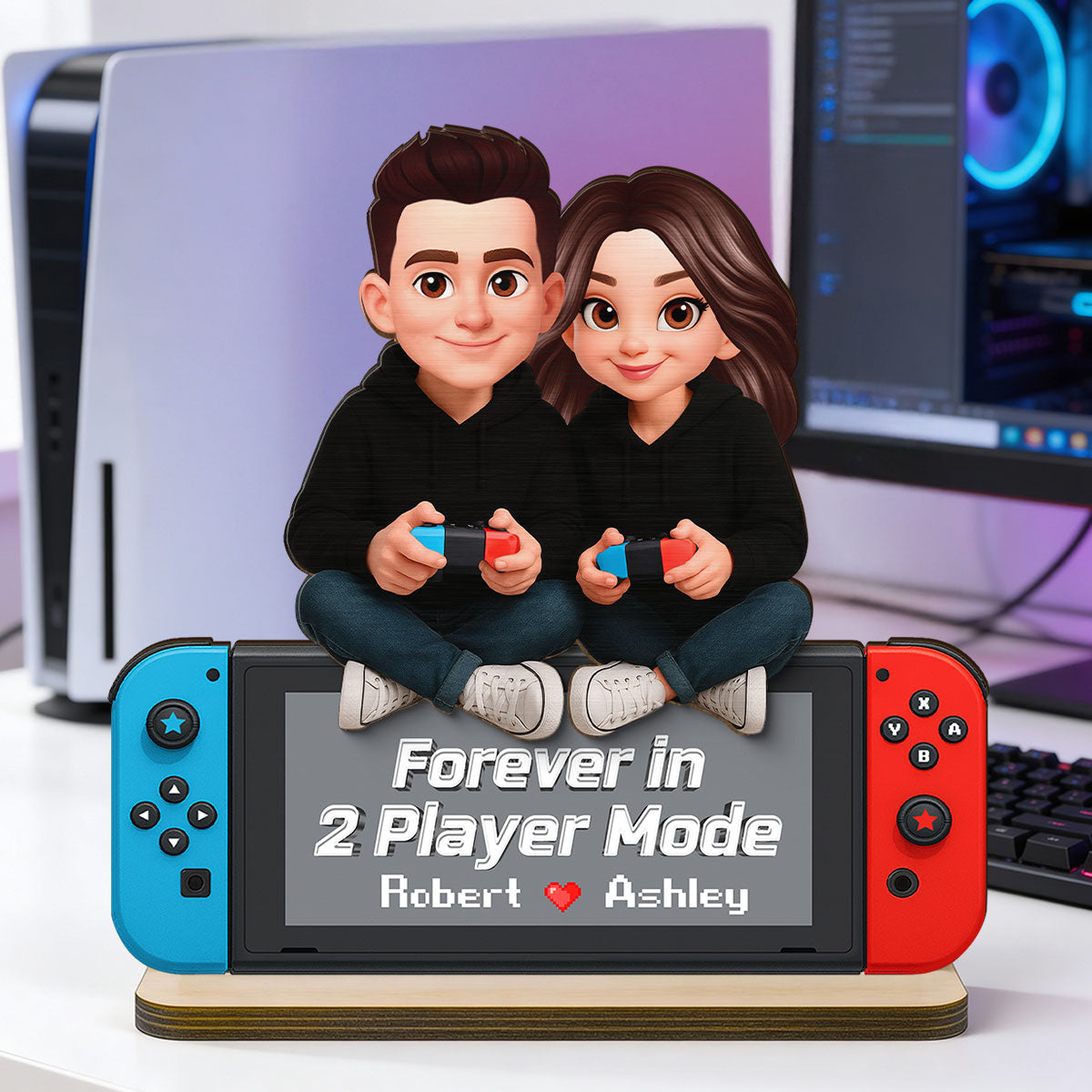 Forever In 2 Player Mode Gaming Couple - Personalized 2-Layered Wooden Plaque - Heartfelt Anniversary Gift For Gamers, For Him, For Her