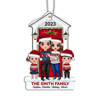 Doll Family Standing On The Front Porch Christmas Personalized Wooden Ornament