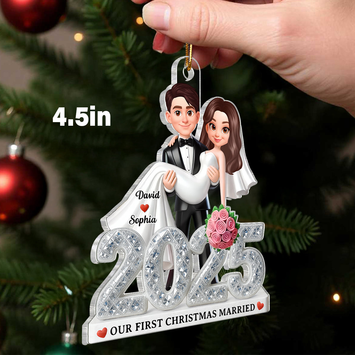 First Christmas Married 2025 3D Shining Effect - Personalized Acrylic Ornament - Christmas Gift for Newly Married Couple