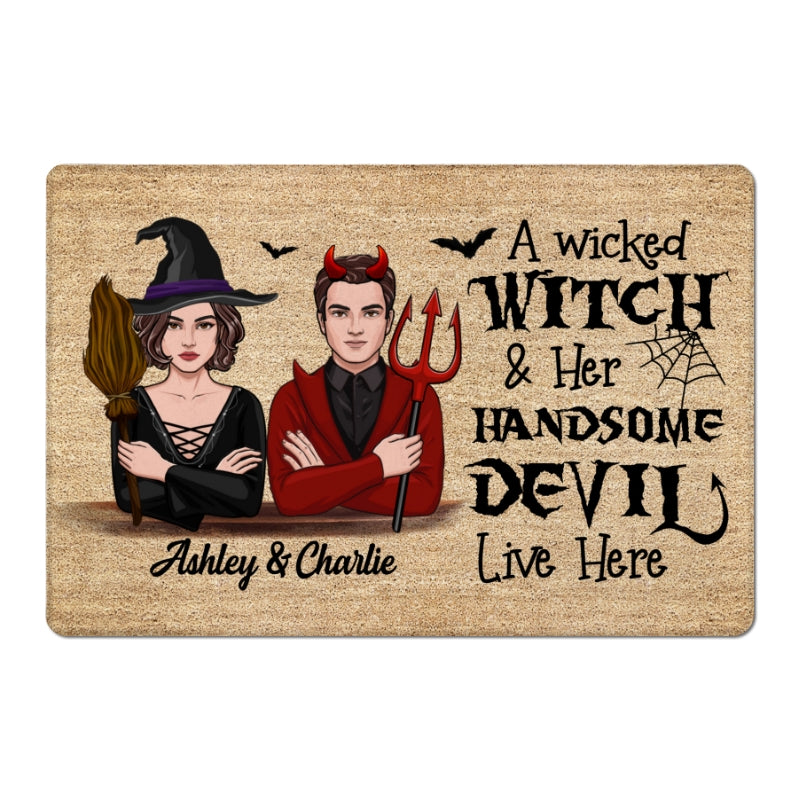 Wicked Witch And Handsome Devil Live Here Halloween Couple Vector Personalized Doormat