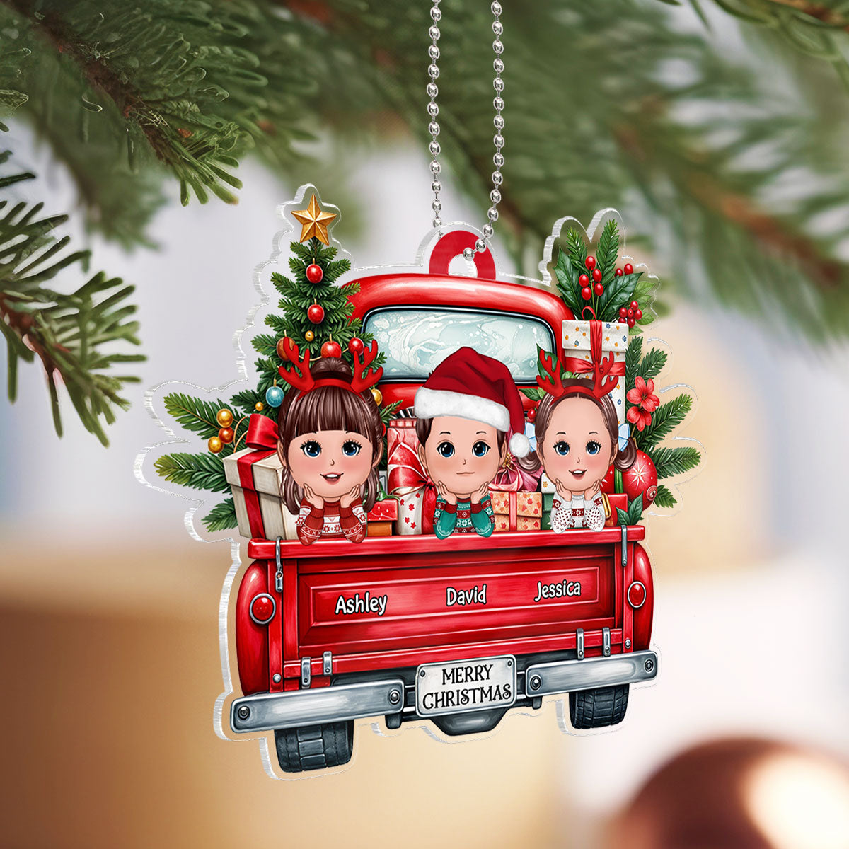 Merry Christmas Grandkids On Truck Personalized Acrylic Ornament, Christmas Gift For Granddaughter Grandson Grandkid From Grandma