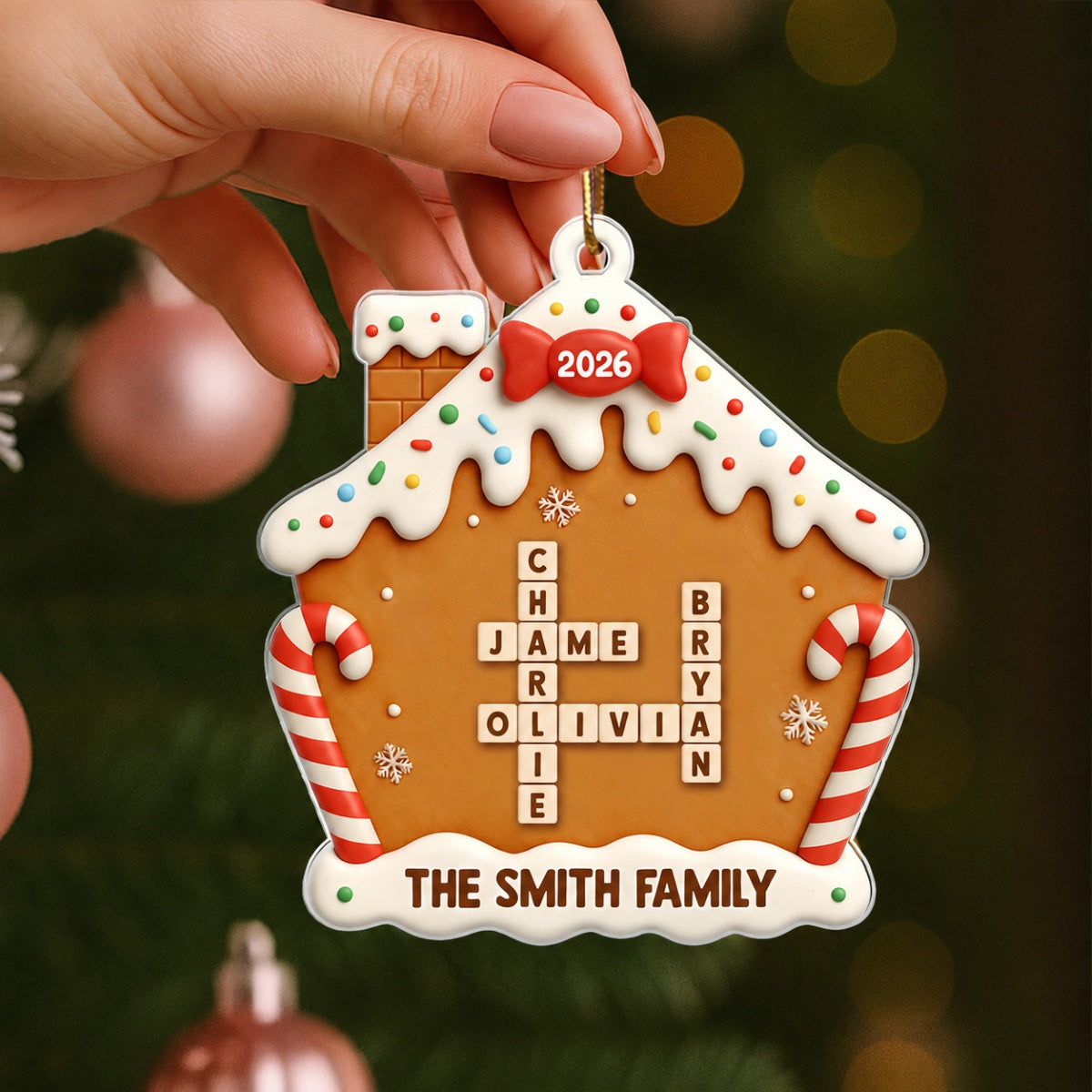 Family Name Crossword Cake House - Personalized Acrylic Ornament - Special Christmas Gift For Family