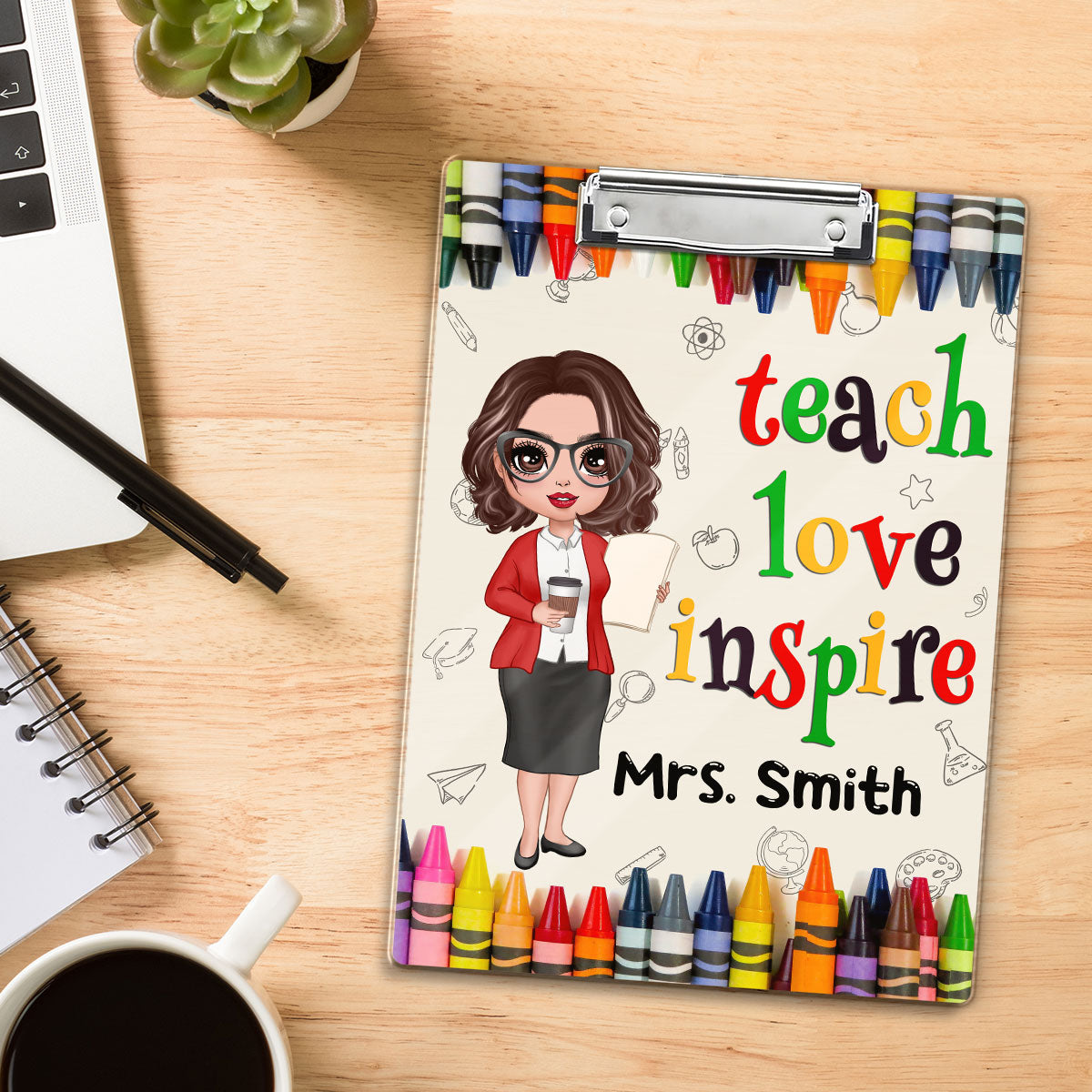Teacher Teach Love Inspire Personalized Acrylic ClipBoard, Gift For Teacher