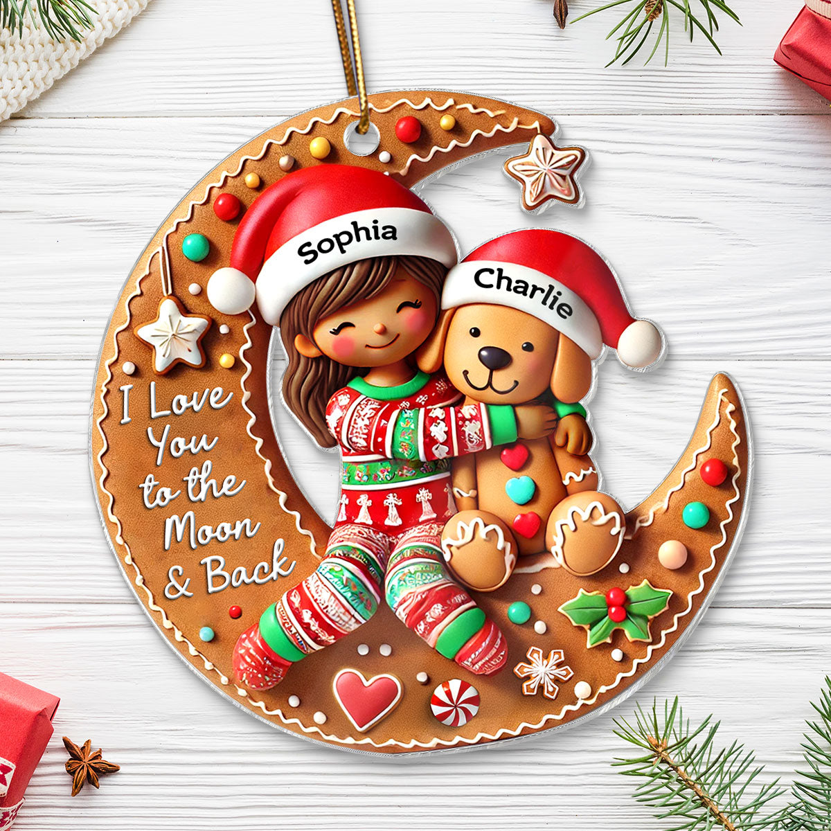 3D Effect Woman Girl And Dog I Love You To The Moon And The Back Personalized Acrylic Ornament, Christmas Gift For Dog Lovers