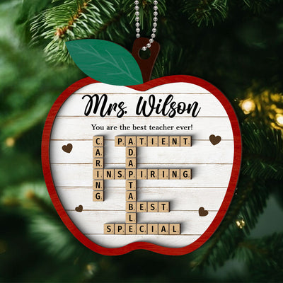 Best Teacher Ever Appreciation Crossword Puzzle Art Personalized 2-Layer Wooden Ornament, Christmas Gift For Teacher