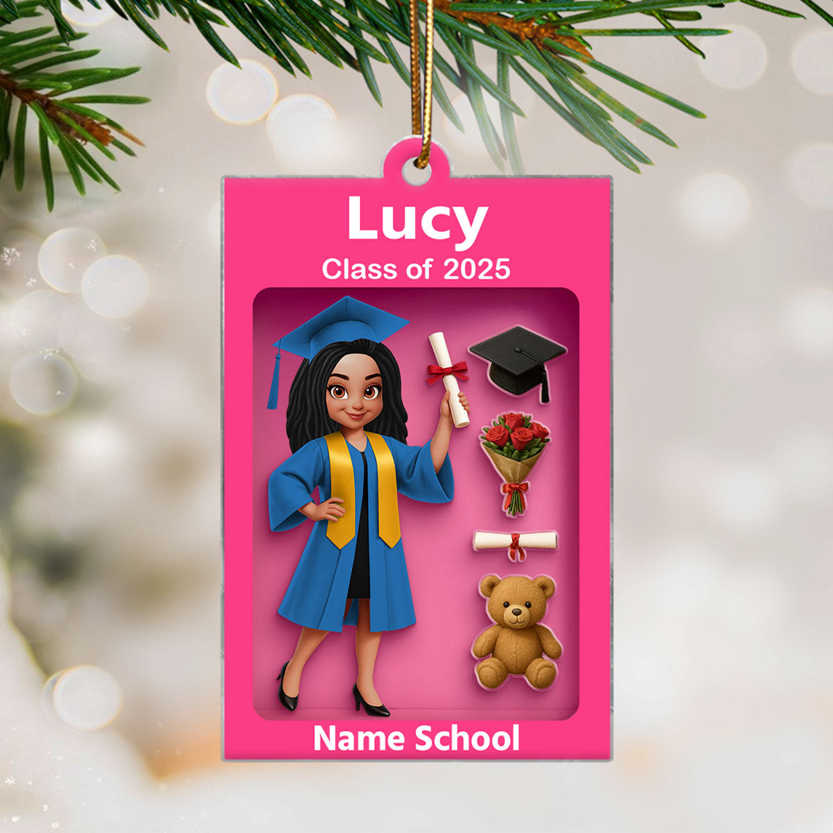 3D Effect Pink Toy Box Graduation - Personalized Acrylic Ornament - Gift For Seniors 2025