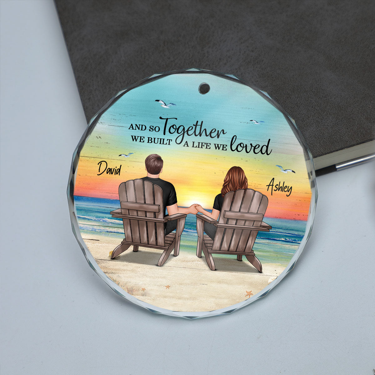 Couple Sitting Eternal Sunset Beach Personalized Circle Glass Ornament, Heartfelt Christmas Gift For Girlfriend, For Wife