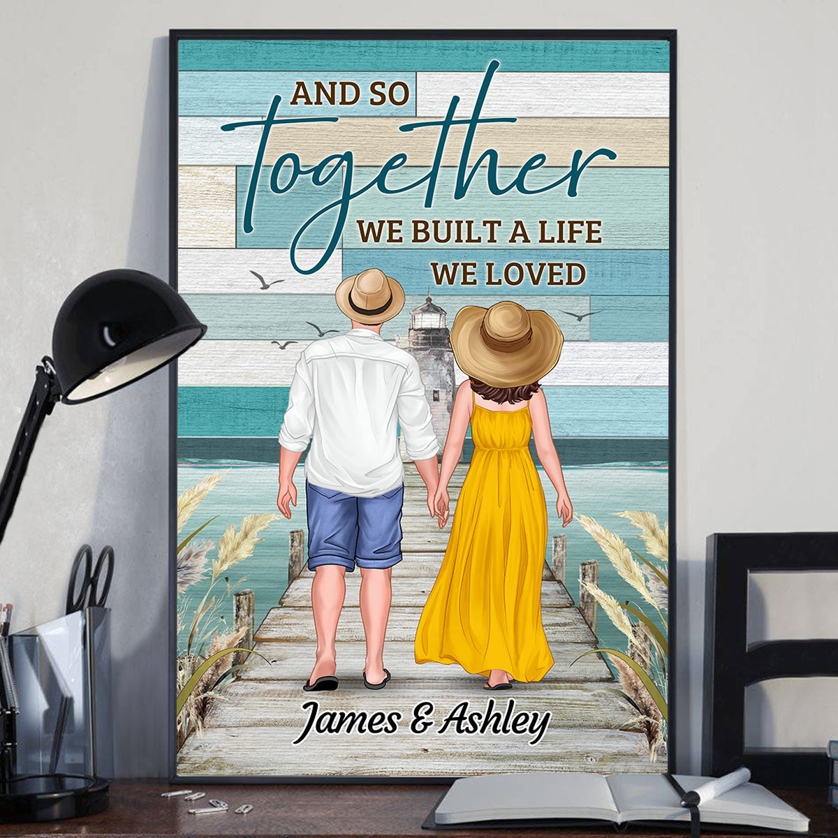 Green Color Palette Back View Couple Holding Hands Walking On The Bridge Personalized Vertical Poster