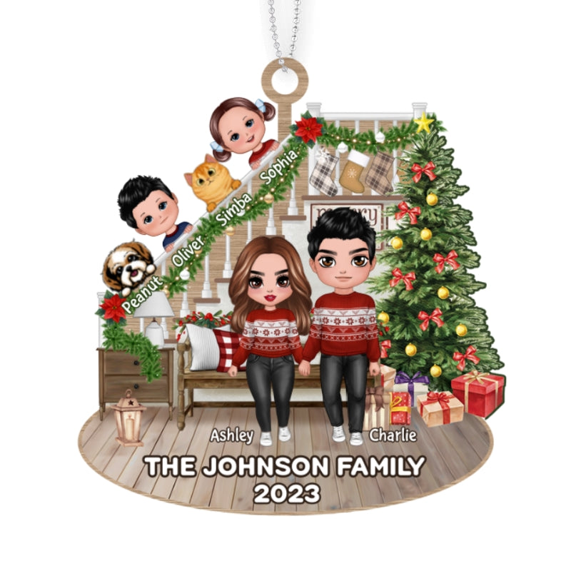 Doll Couple Standing And Kids Personalized Wooden Ornament