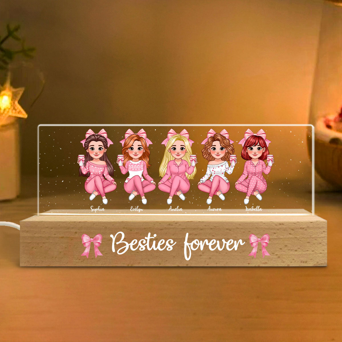 Coquette Animated Pink Besties Personalized Acrylic Block LED Night Light, Gift For Best Friends