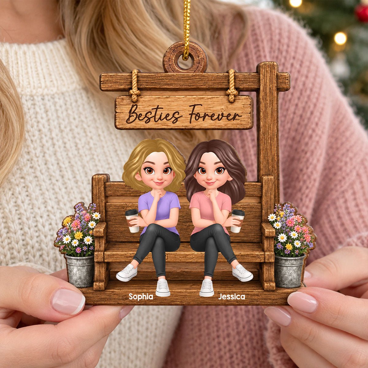 Besties Sisters Sitting Under Sign Post - Personalized Wooden Ornament - Christmas Gift for Best Friends, Sisters